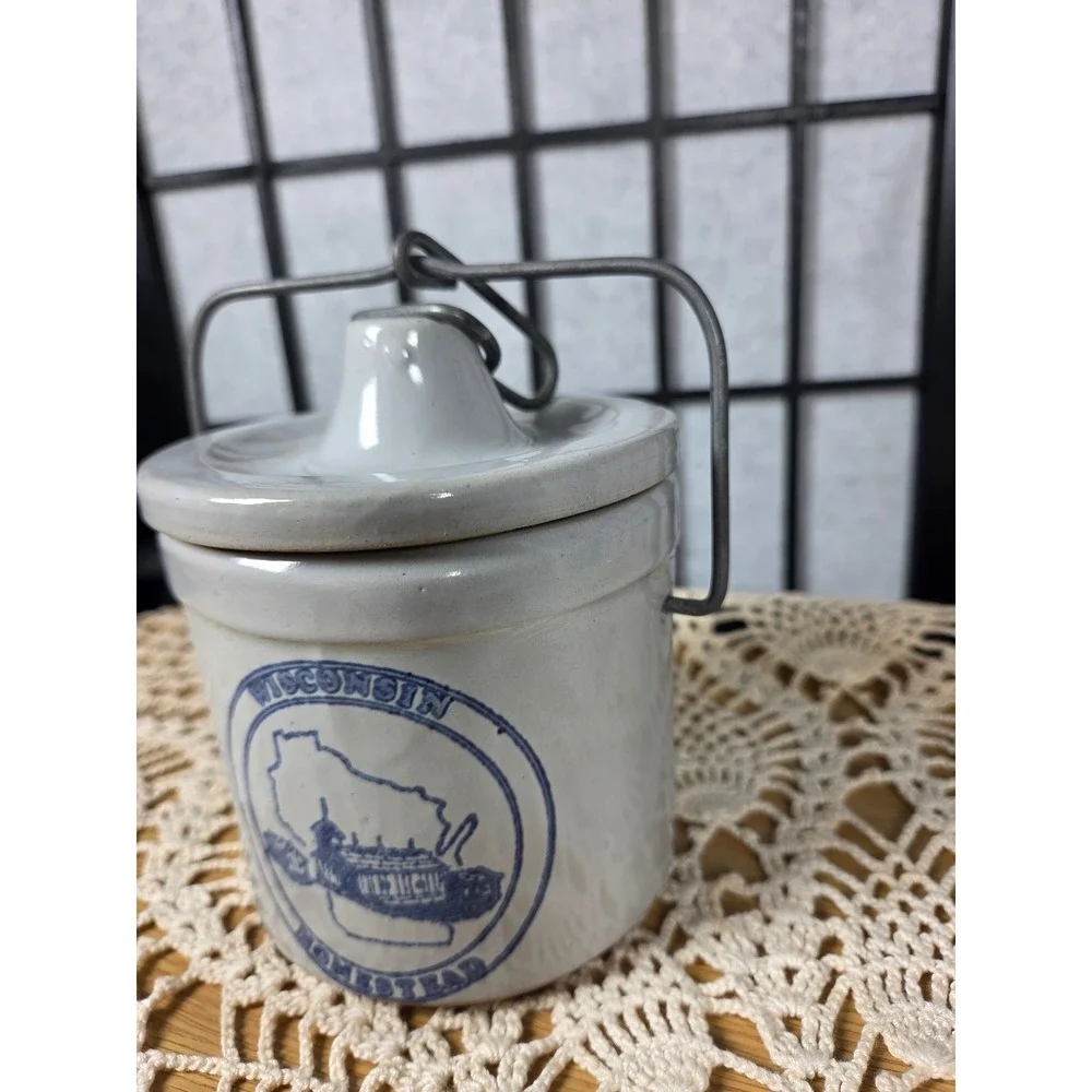 Vintage Wisconsin Homestead Stoneware Crock with Lid and Wire Bail Handle